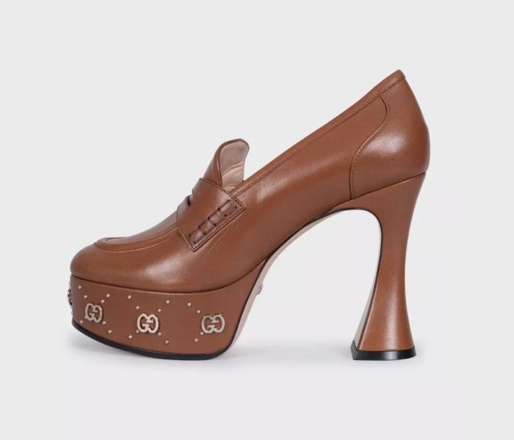 NWB Gucci Brown Leather Sculptural Heel Pumps - Size 38.5